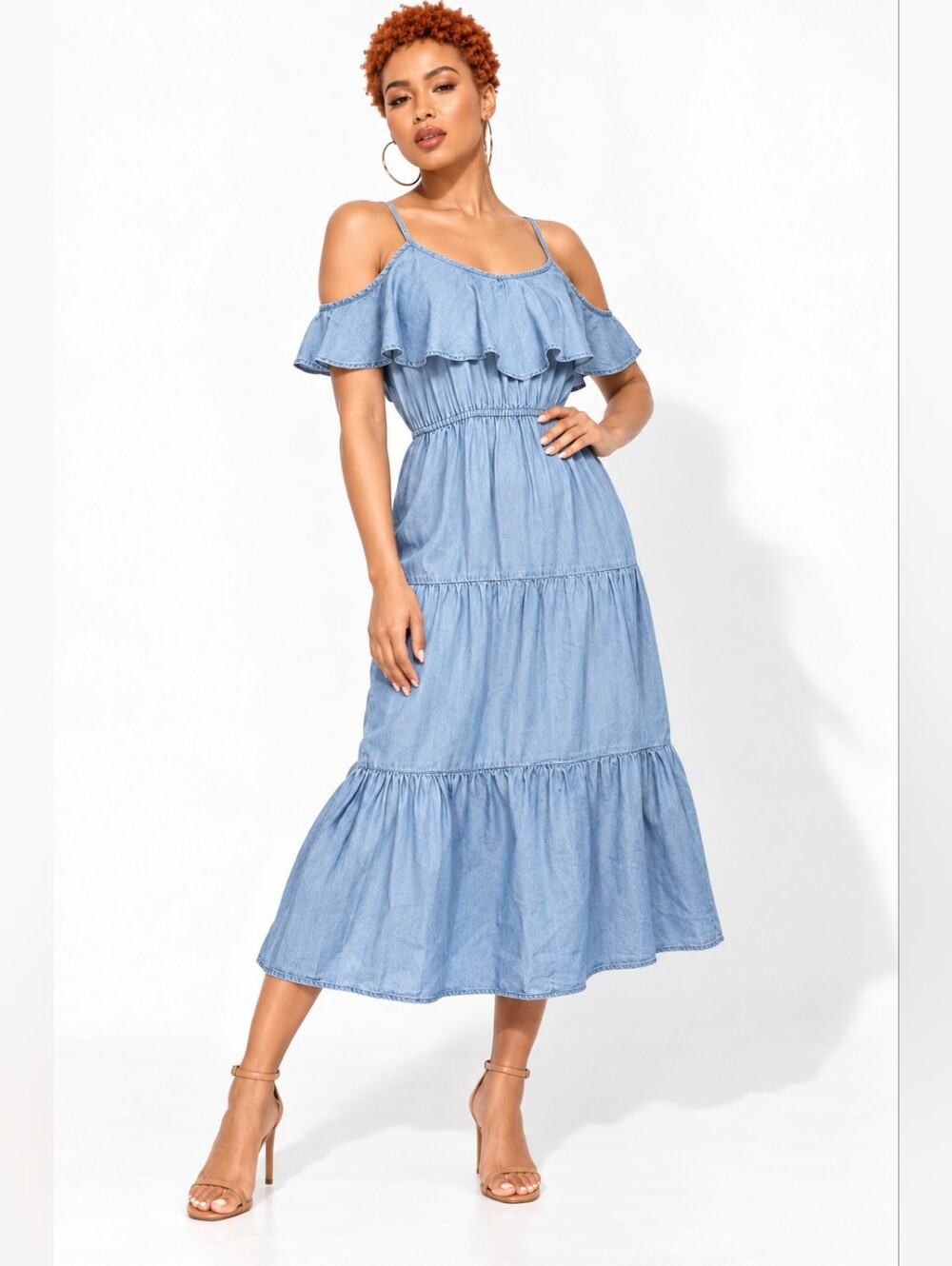 Old Navy Light Wash Chambray Cold Shoulder Ruffle Tiered Midi Dress